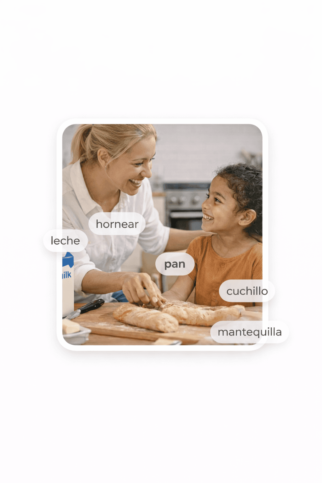 A white woman talking in spanish to a kid with cooking vocabulary