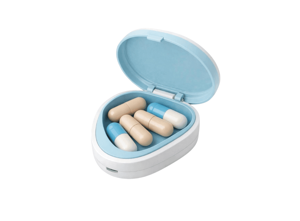 Skaduto Med smart pill organizer, open showing compartments