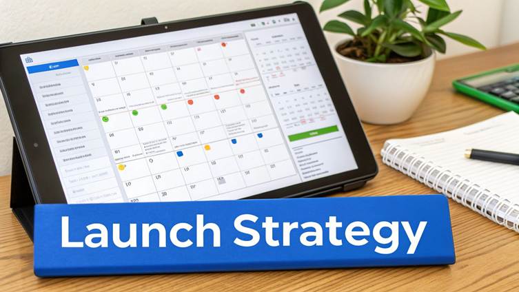 Digital calendar on a tablet and a blue 'Launch Strategy' sign on a wooden desk with a plant.