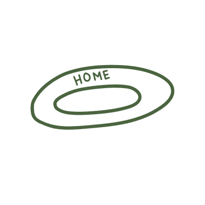 An oval or elongated serving platter shown in perspective view with "HOME" text at the top, drawn with olive green outlines suggesting depth and dimension