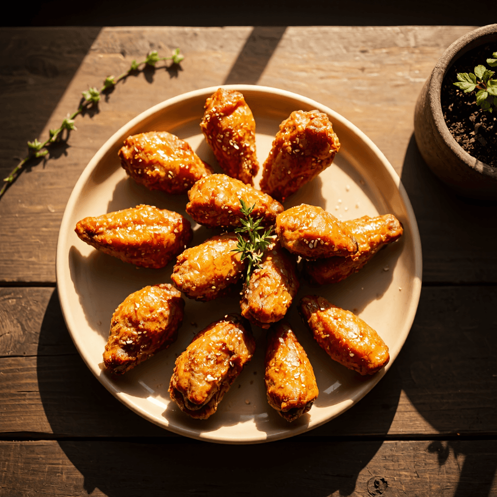 product photography of a plate of fried chicken wings, typically served as a snack or appetizer