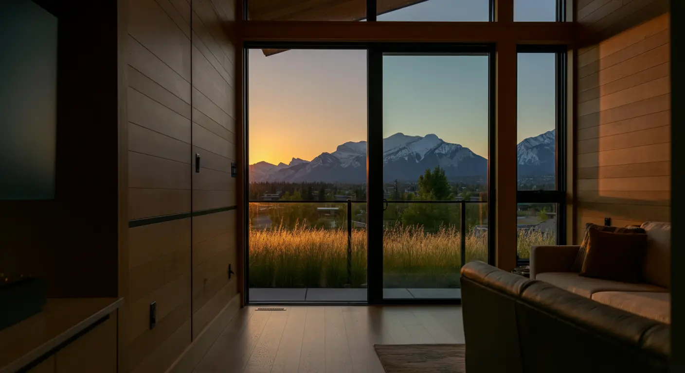Interior of a modern home with large windows offering a scenic view of the mountains at sunset in Alberta.