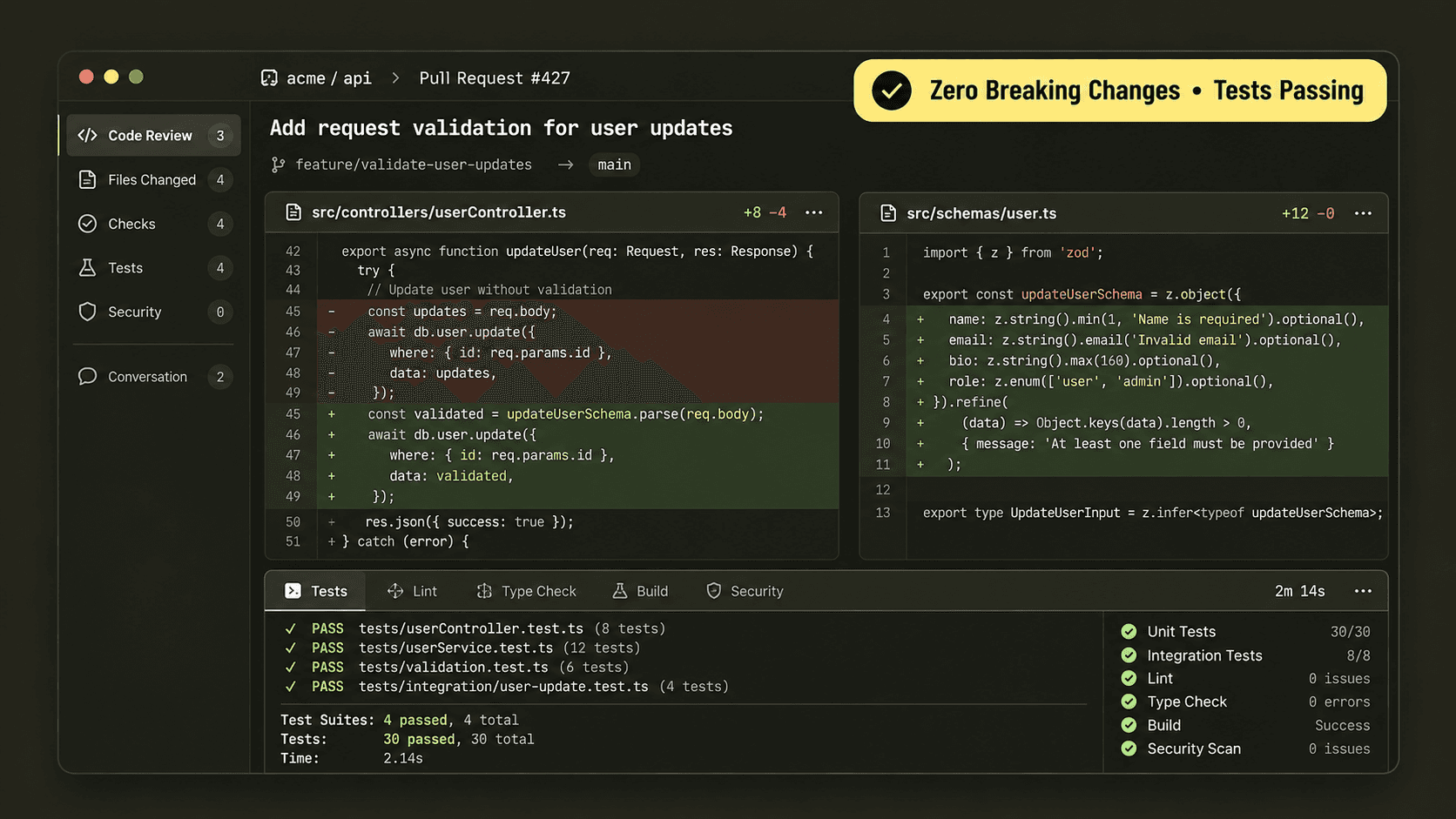 Claude Code terminal interface illustrating safe codebase refactoring with automated test validations