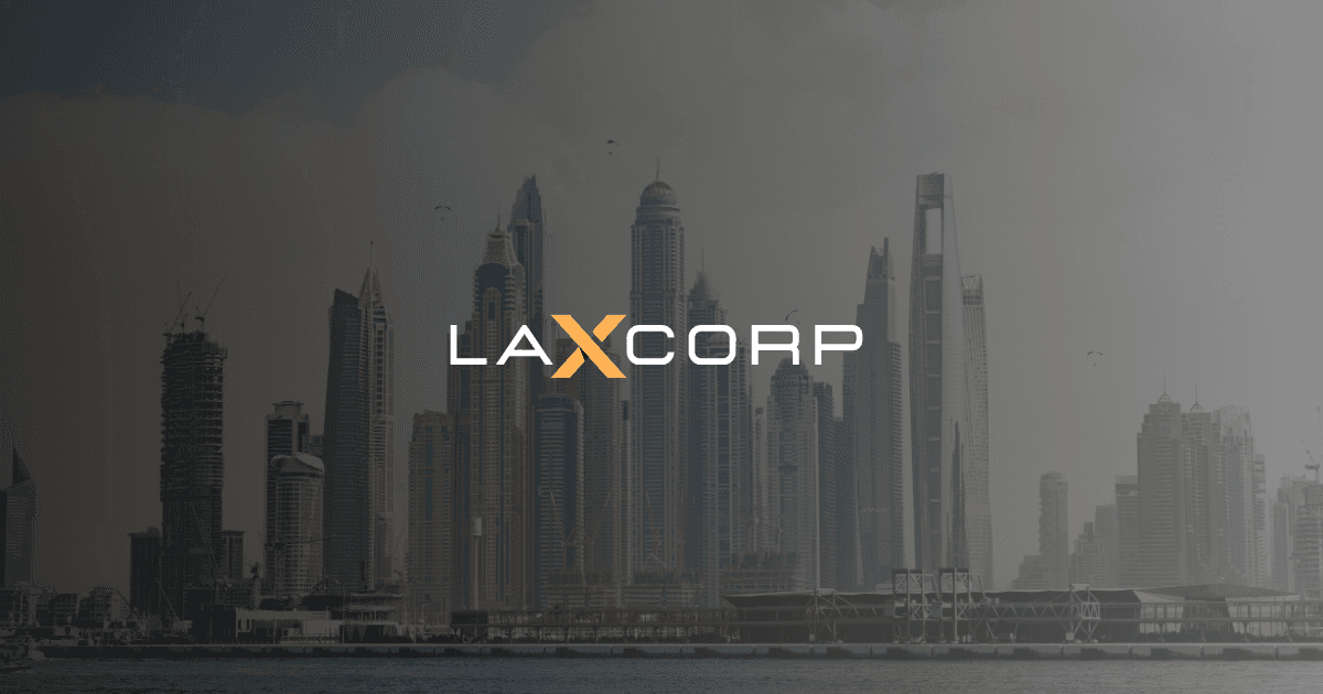 Dubai skyline with skyscrapers and Laxcorp logo overlay, representing global AI expansion from UAE headquarters.