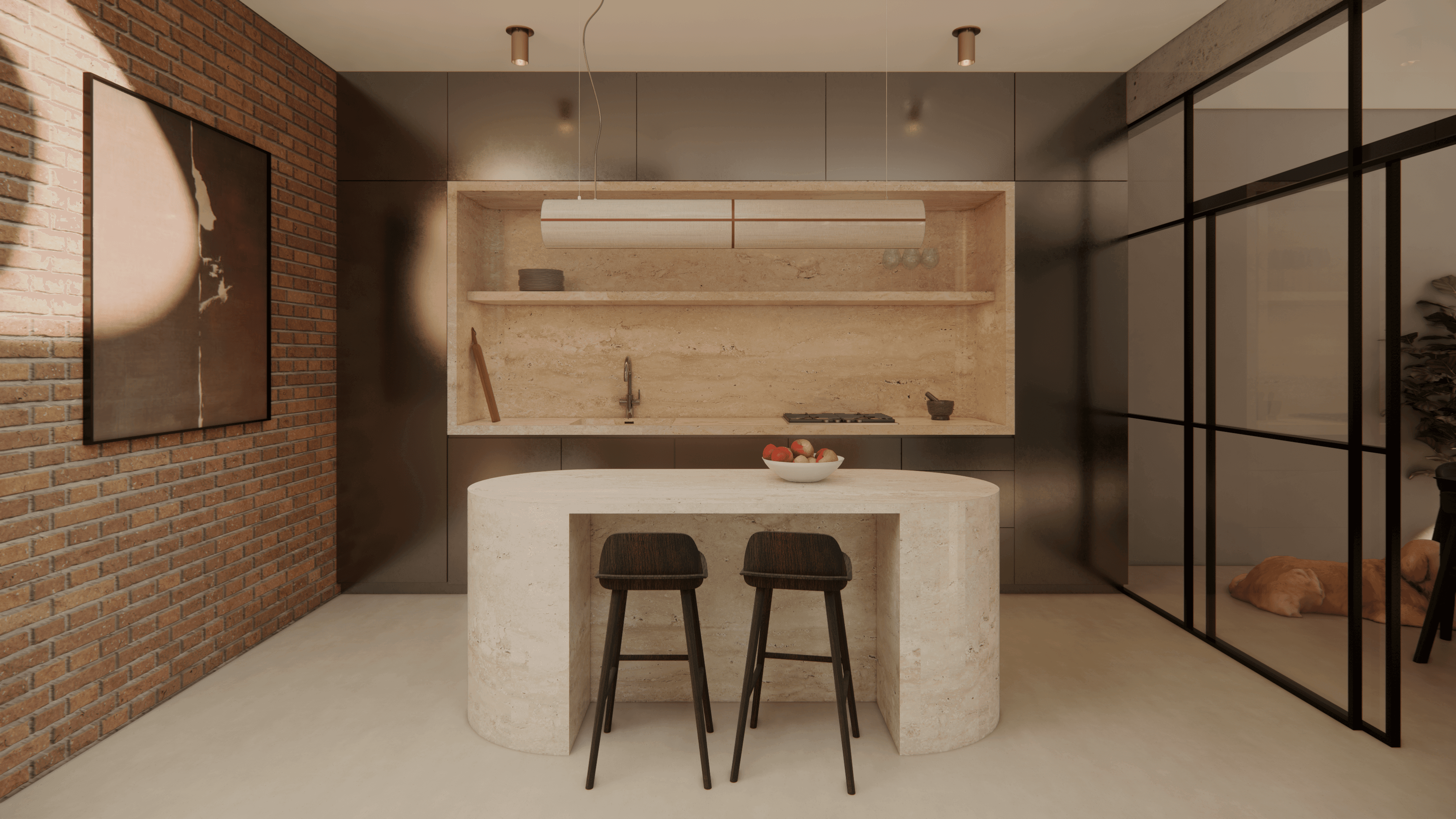 Modern loft with brick wall and stainless steel kitchen and travertine island