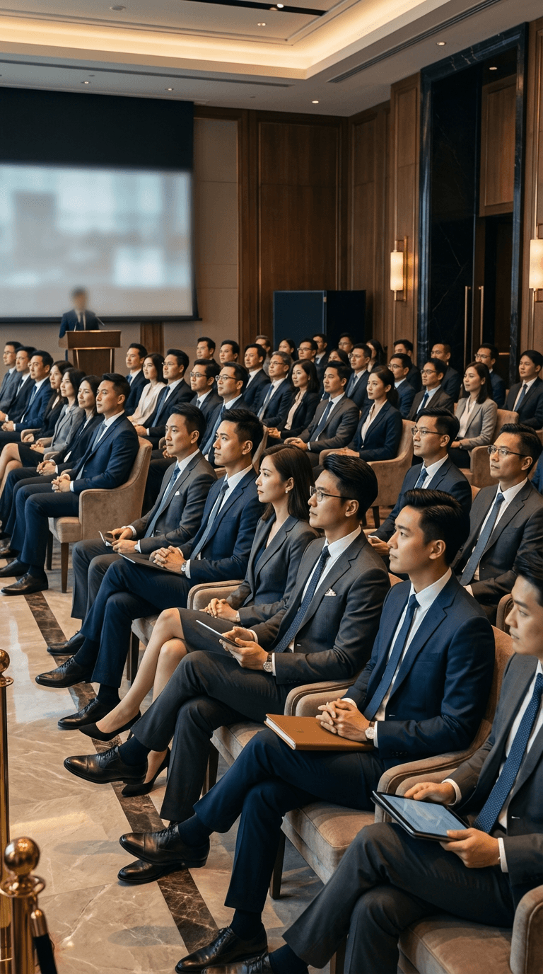 香港商務講座現場，專業西裝人士參與中小型精準獲客引流活動，展現高端企業研討會統籌細節。