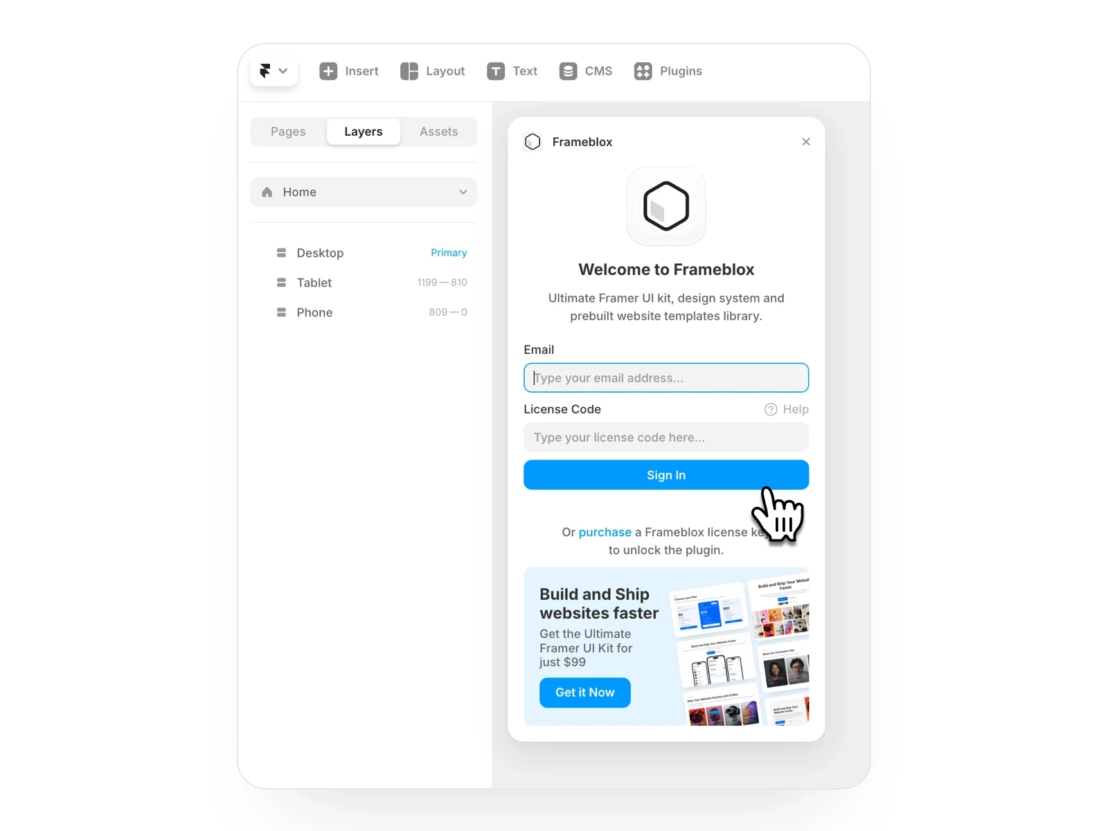 Framer UI kit Frameblox Plugin - How can I open the Frameblox Plugin in Framer?