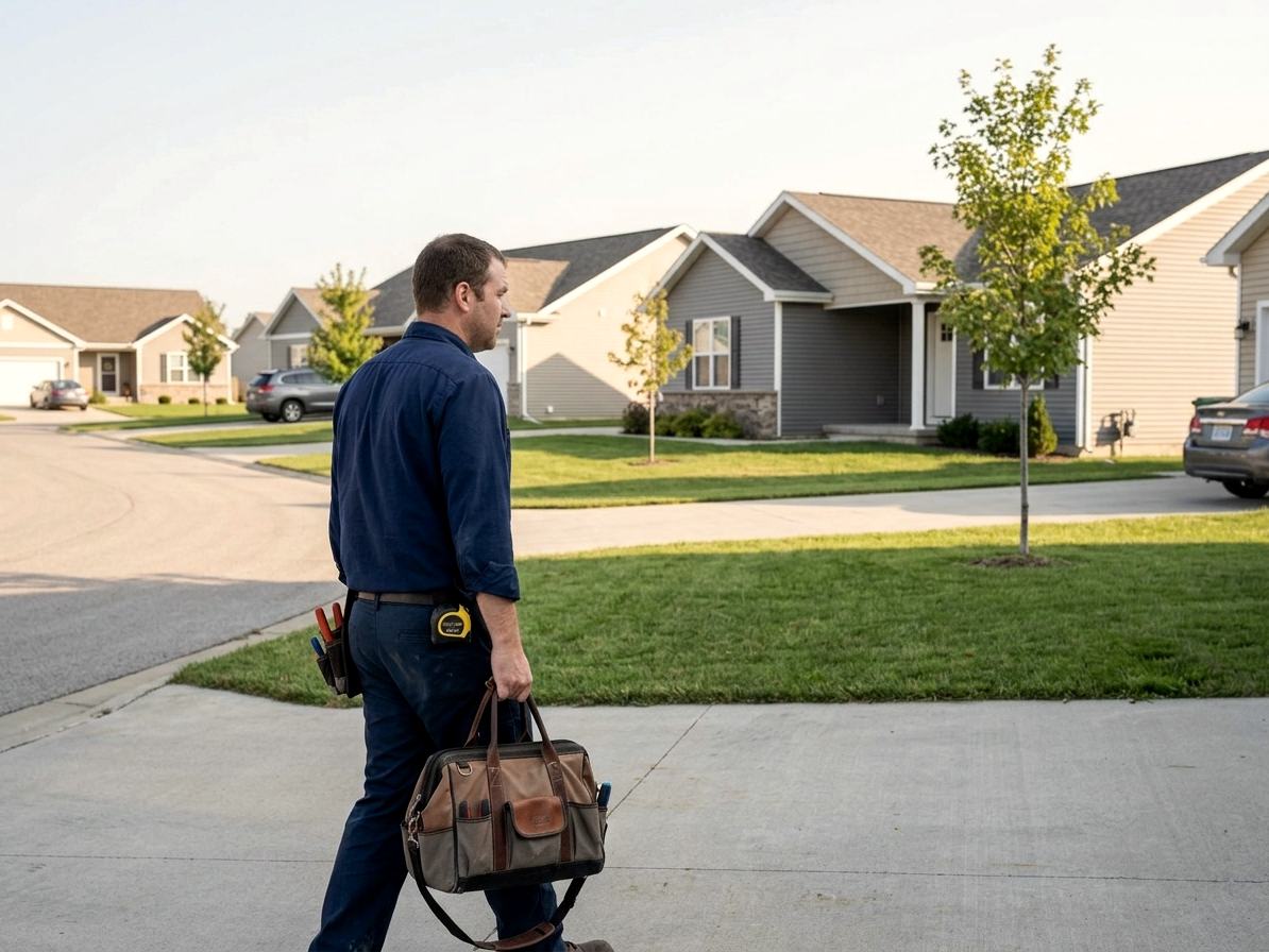 An electrician walking up a driveway on a newer estate