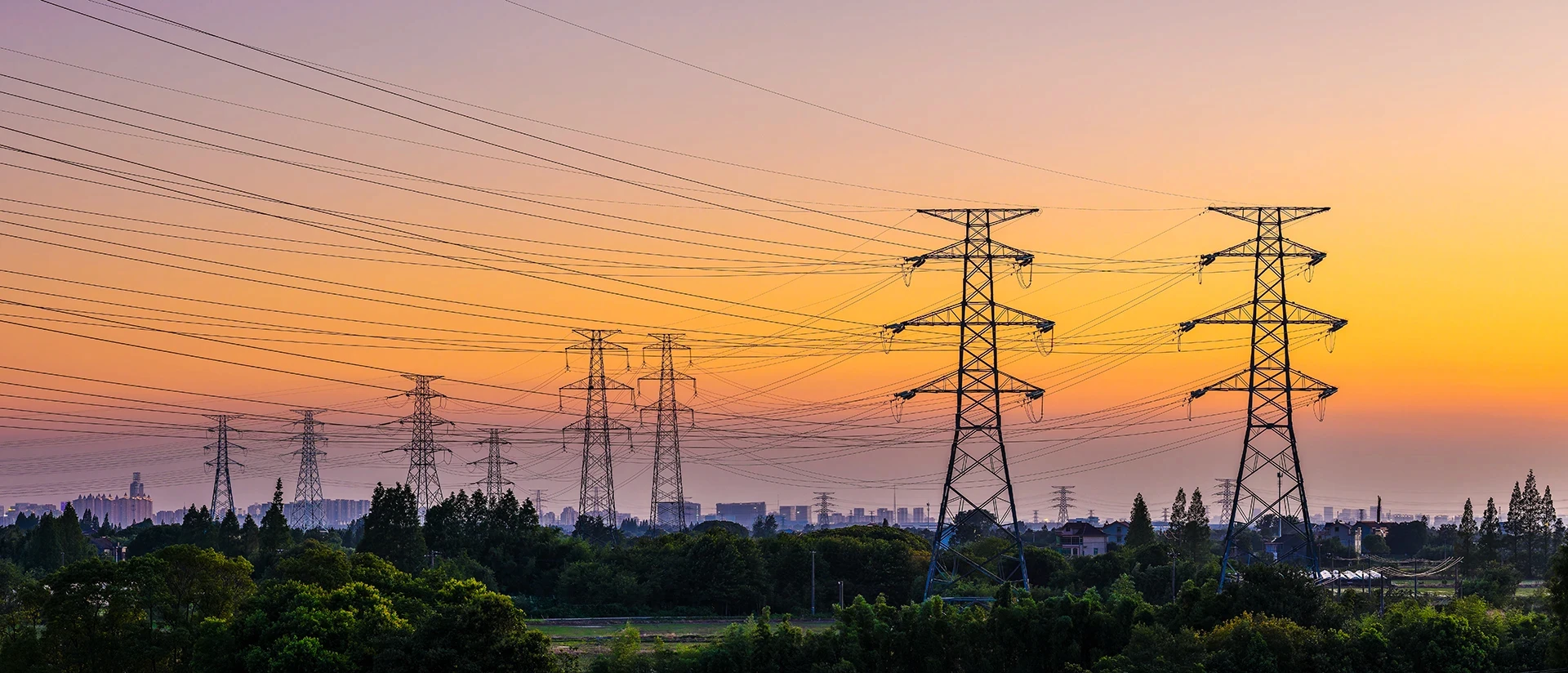 Transmission lines at sunset