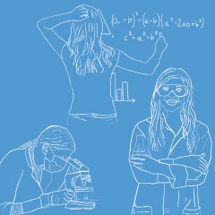 Portada de Radiografía: mujer en la ciencia, estudio de IdeaPaís, mostrando una ilustración con tres mujeres realizando labores científicas como mirar por un microscopio, realizar cálculos matemáticos y vestir una bata de laboratorio. 