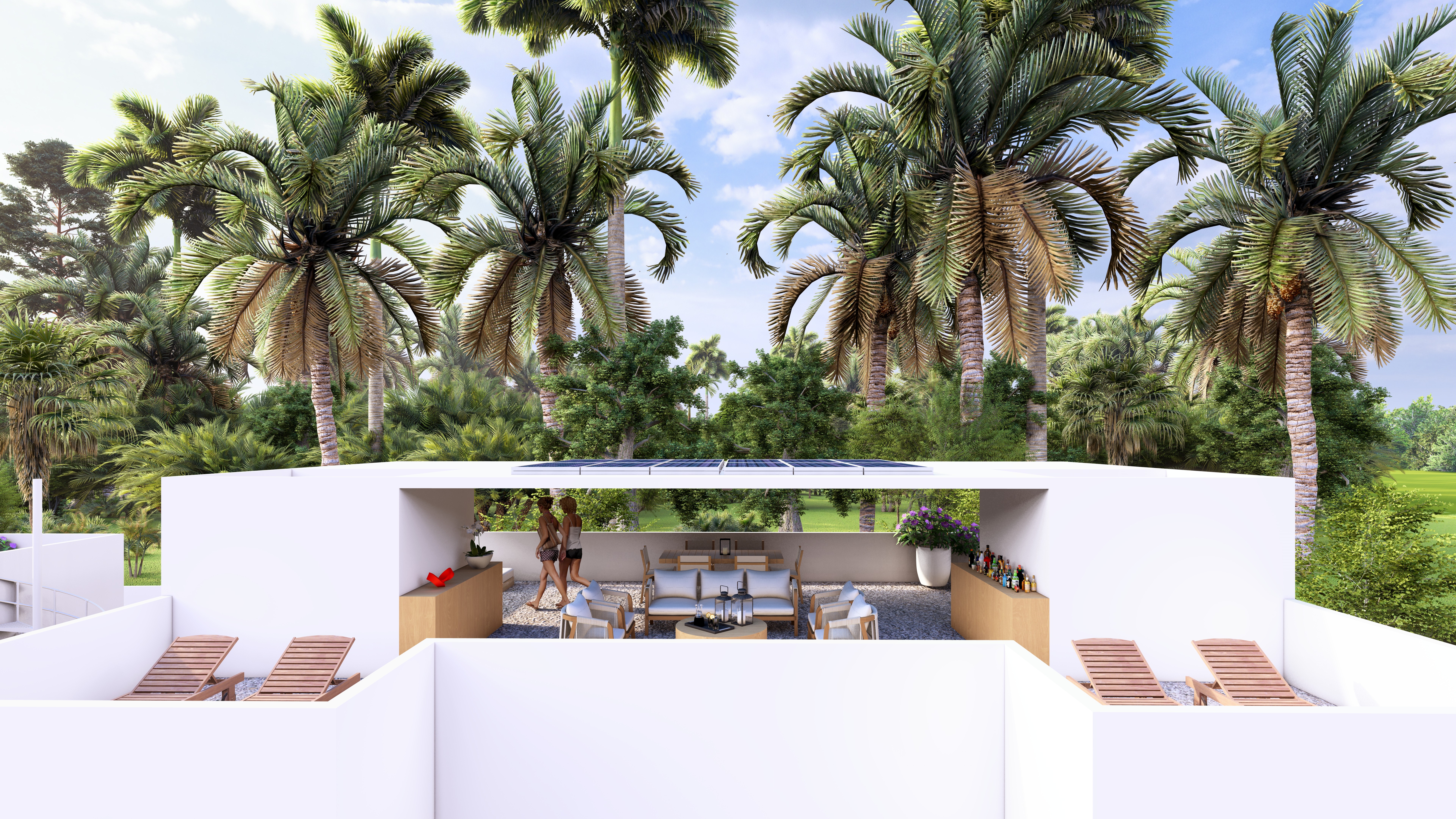 Minimalist living space featuring oak flooring, timber wall panels and panoramic windows with natural light.
