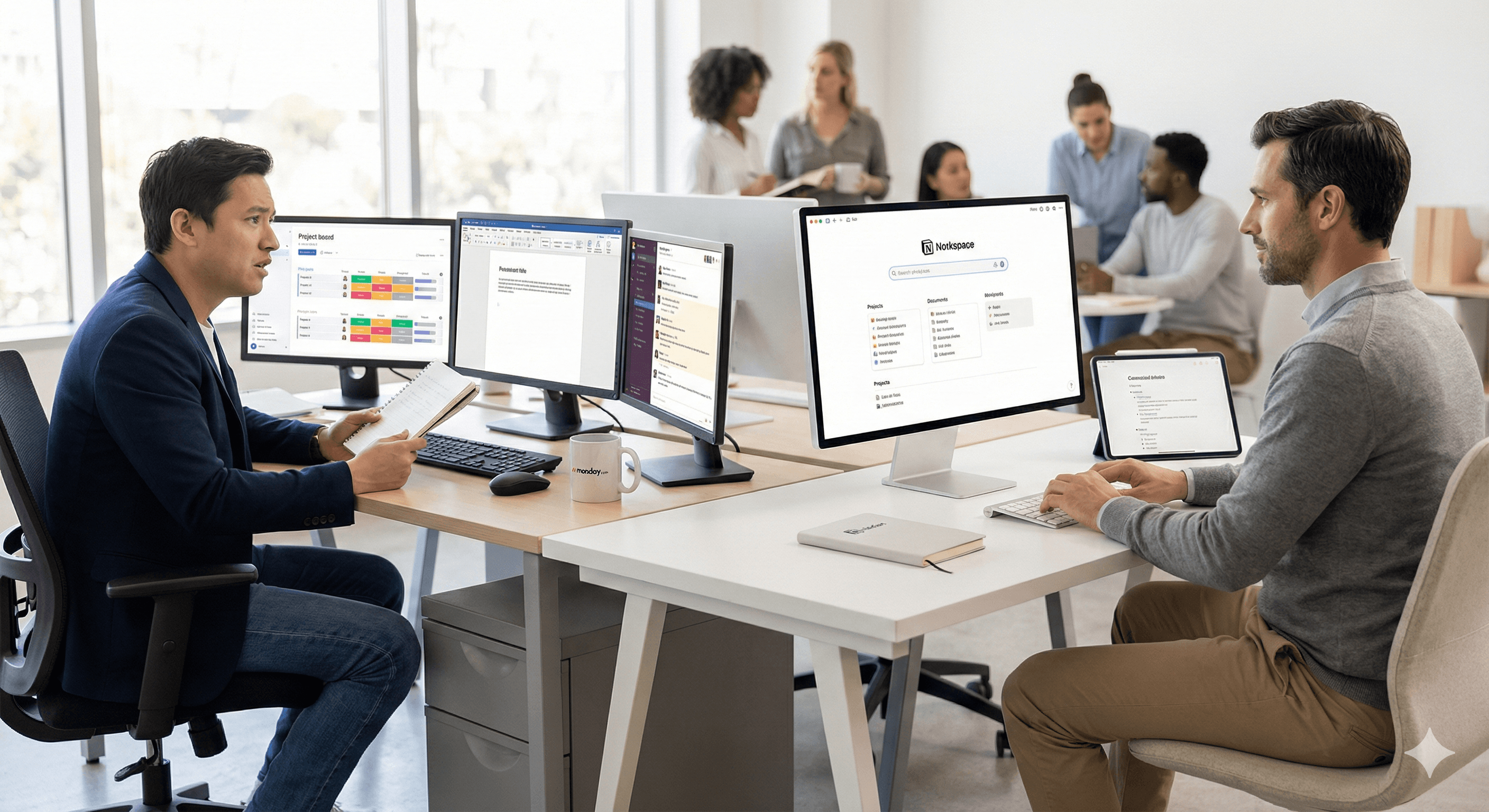 In a modern office space, two professionals sit across from each other at desks with multiple computer monitors displaying task management software, collaborating and discussing over documents.