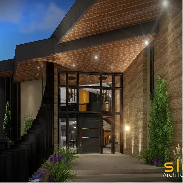 Architectural Design Modern grand entry with limestone and large roof overhang, Arizona Home on Steep Site.