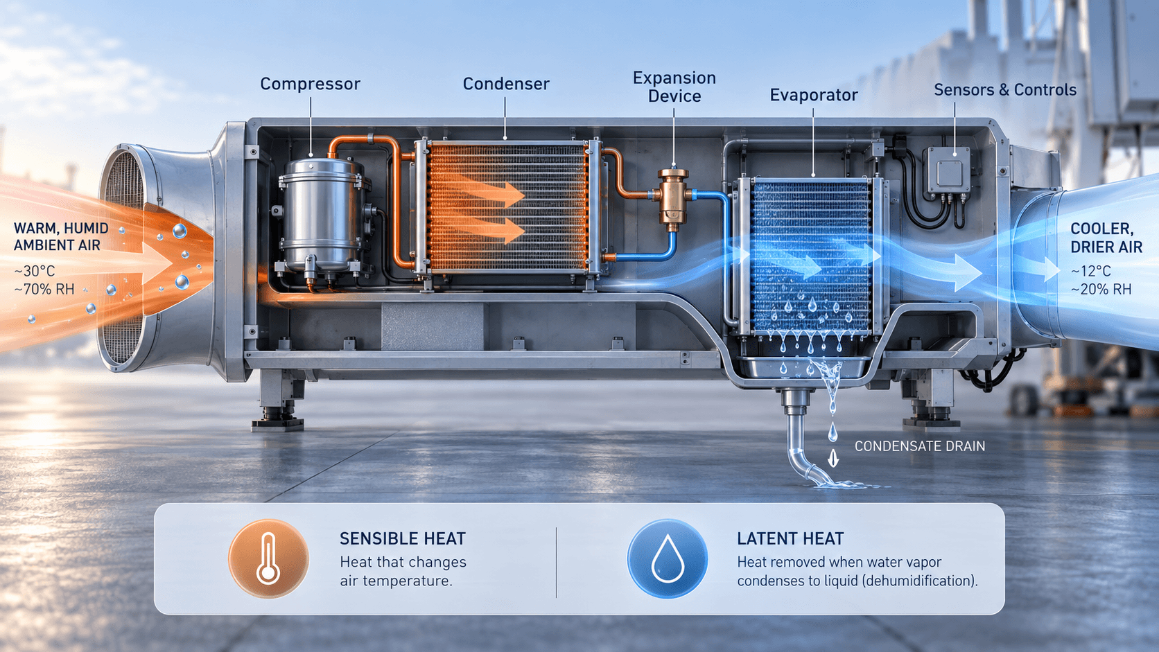 Aircraft PCA cooling and dehumidification process showing compressor condenser evaporator and condensate removal