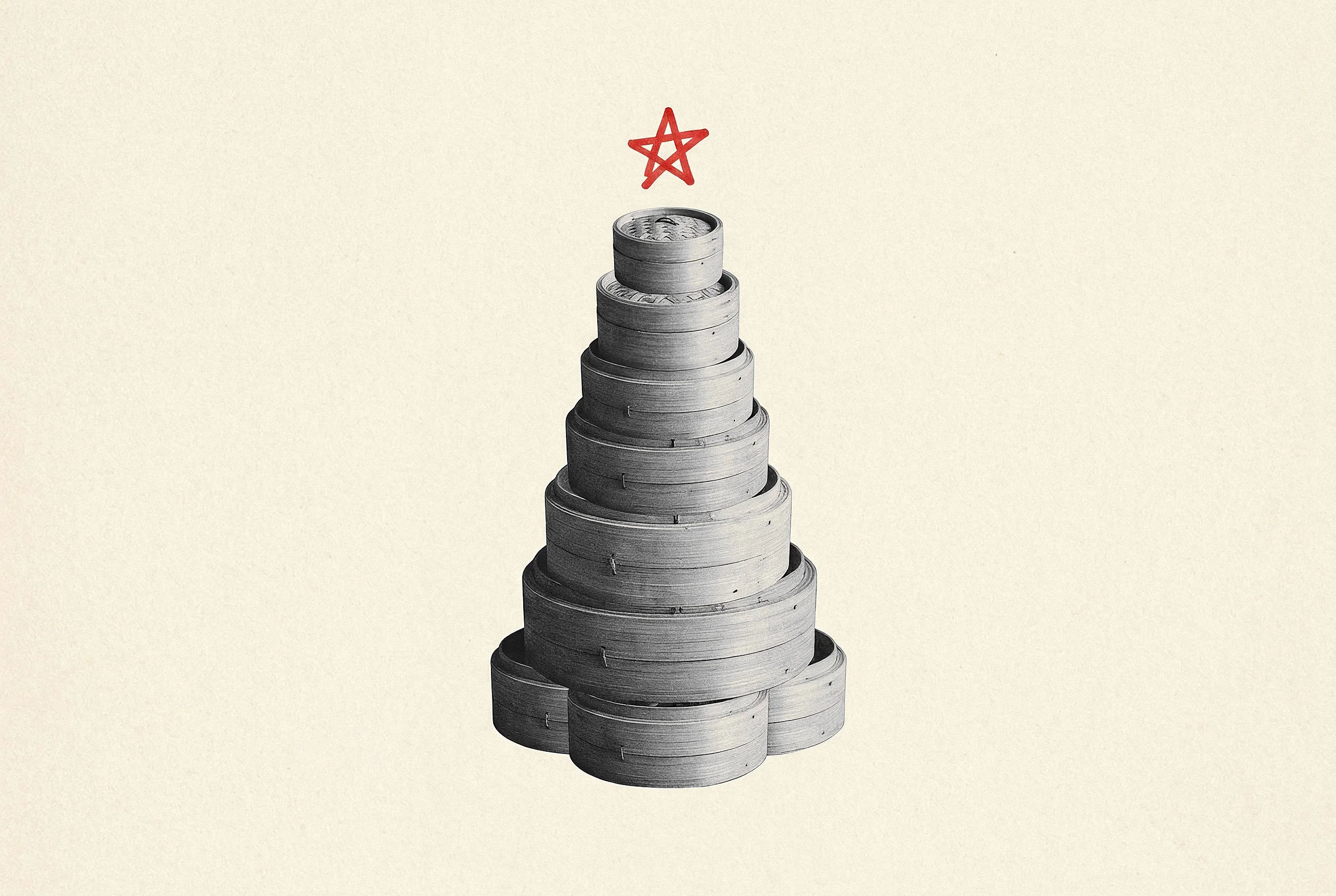 A black-and-white cut-out of bamboo dim sum steamer baskets stacked into the shape of a Christmas tree, topped with a small hand-drawn red star, on cream paper.