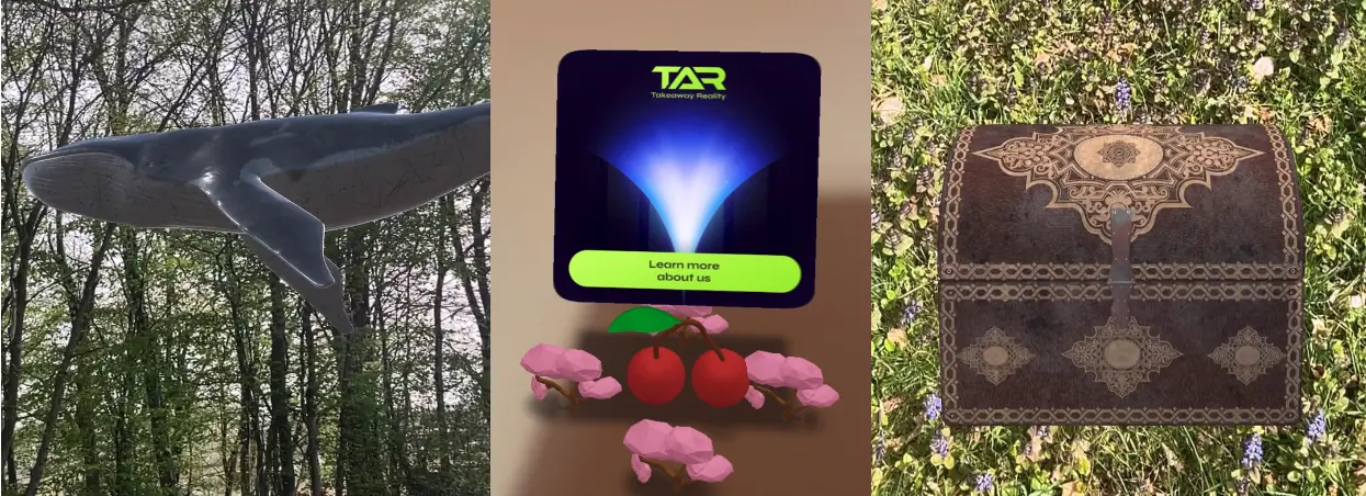 This image showcases three examples of Augmented Reality app development created by Takeaway Reality, illustrating the wide range of immersive experiences made possible by AR app development. On the left, a life-sized whale floats above a forest floor, demonstrating how Augmented Reality app developers can blend digital creatures into real-world environments to create educational or entertainment-based AR experiences. In the center, a branded AR app highlights the integration of interactive advertisements, showcasing the potential of Augmented Reality software development for businesses looking to engage users through creative and interactive brand promotion. The right side of the image features a detailed virtual treasure chest overlaid onto a grassy field, symbolizing the use of AR software for gaming or treasure hunt experiences, where users can interact with virtual objects in physical spaces. Together, these examples emphasize the versatility and power of AR app development in creating engaging, interactive digital experiences that merge seamlessly with the physical world."  This alt description effectively integrates the main keyword "Augmented Reality app Development" and relevant LSI keywords, while describing the AR apps in the image developed by Takeaway Reality.