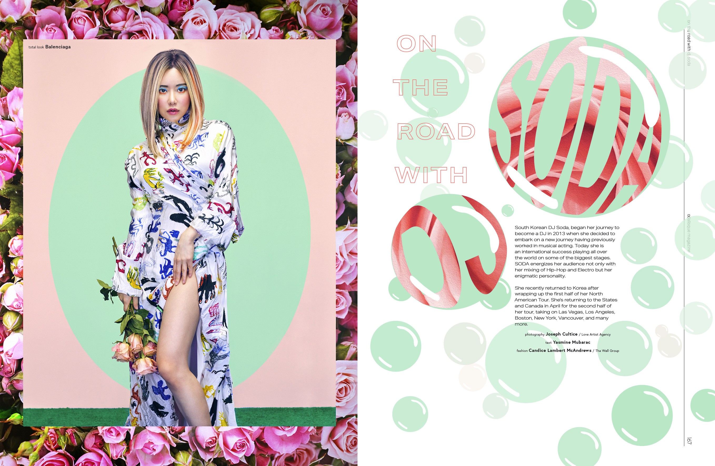 Pink and mint collage with floral borders, circular shapes and an interview layout.