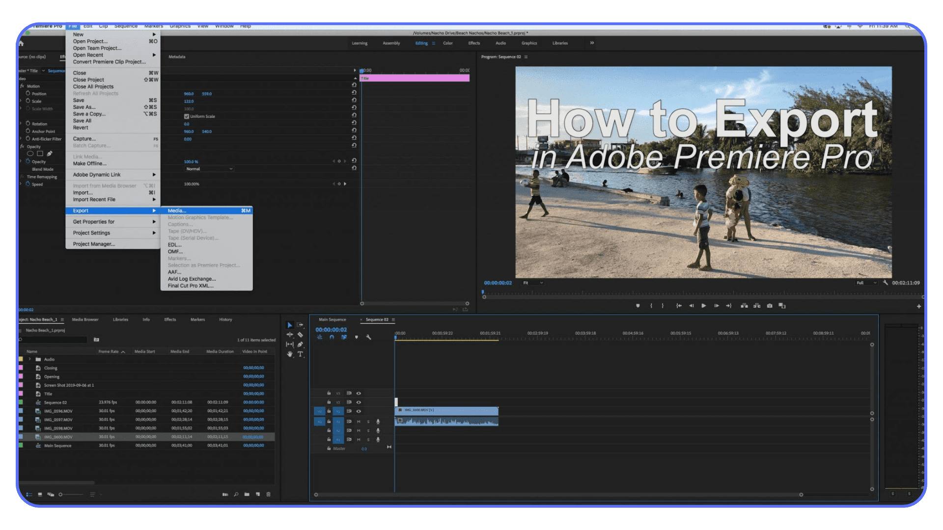 Adobe Premiere Pro export menu showing Media export option selected for video rendering