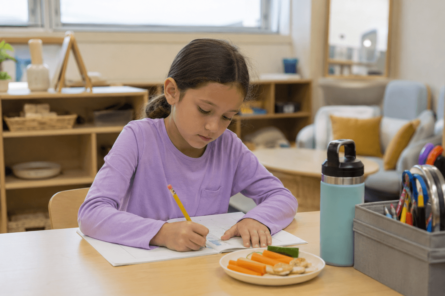 Child doing homework during after school care program in Tampa