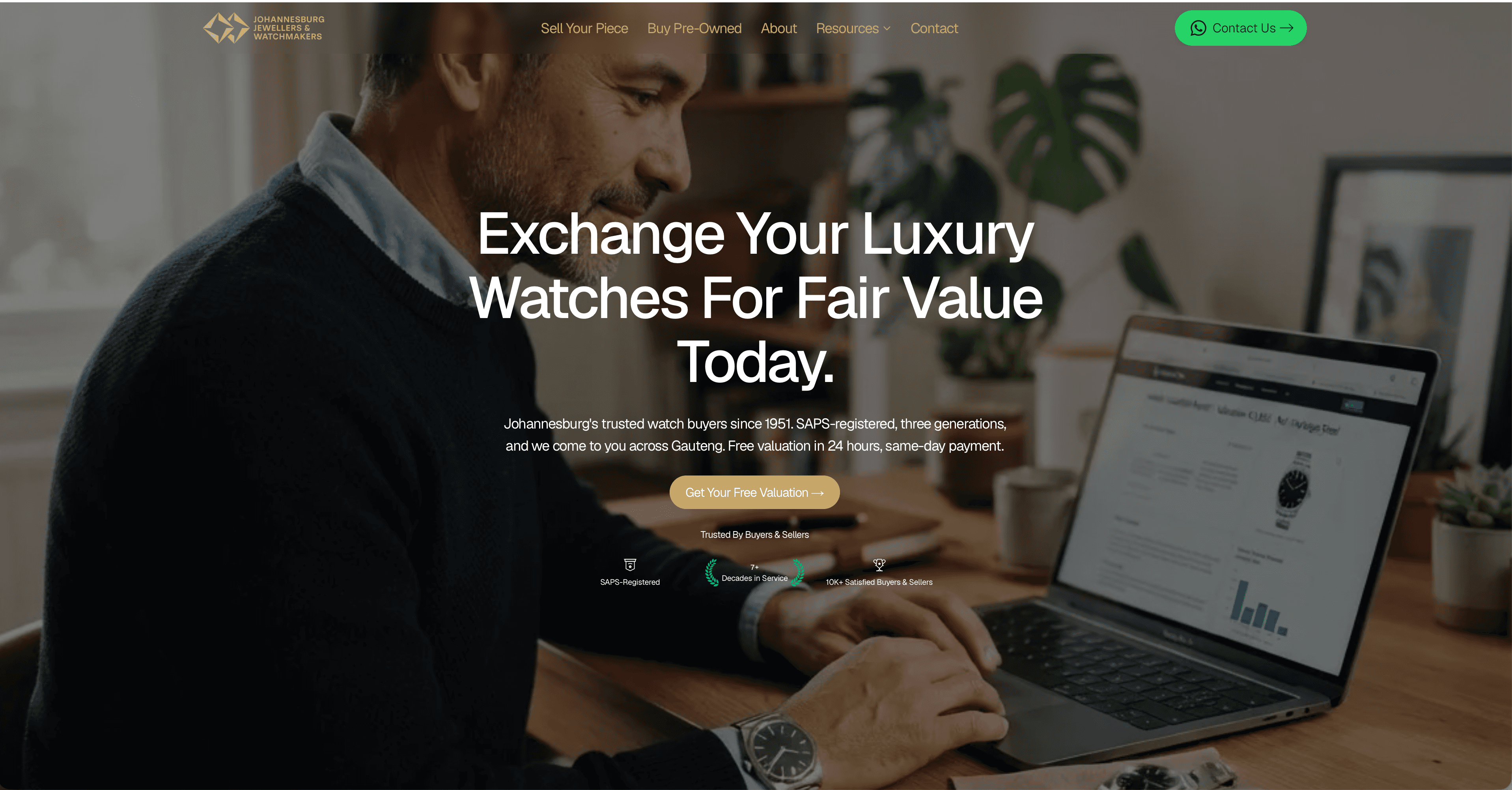 Watch and jewellery business website showing its valuation and contact journey.