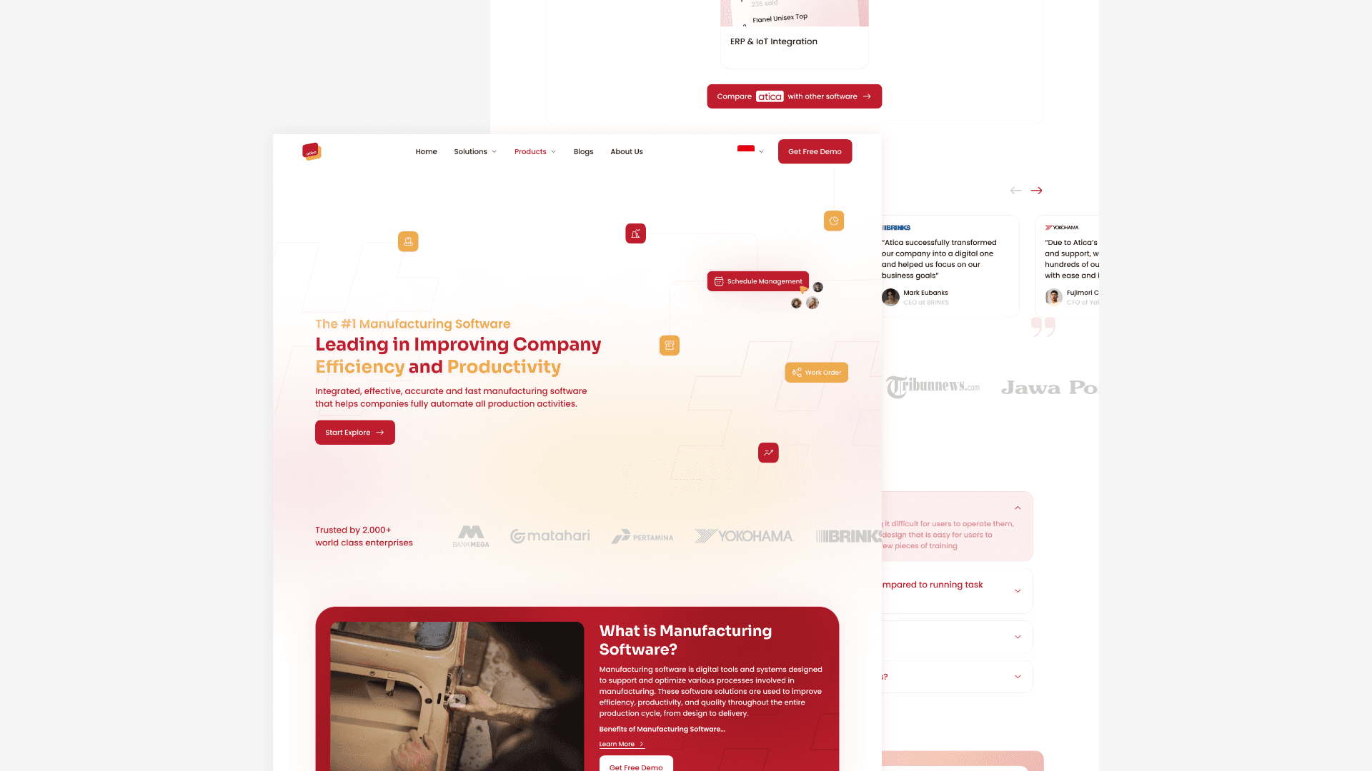 Homepage of a manufacturing software company showcasing efficiency improvement. Features include bold headlines, red call-to-action buttons, and client logos.