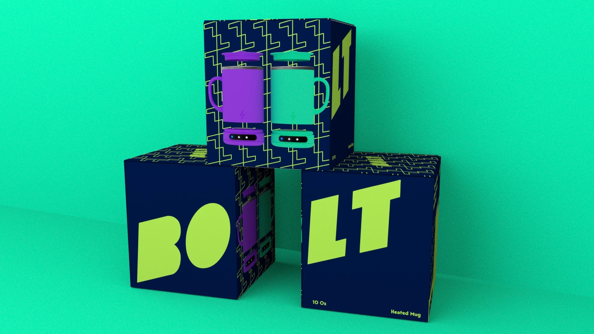 Packging design showcase for Bolt self heating mugs