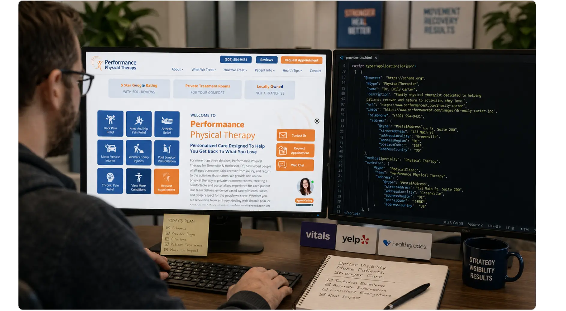 SEO expert optimizing a physical therapy website and schema markup on dual monitors.