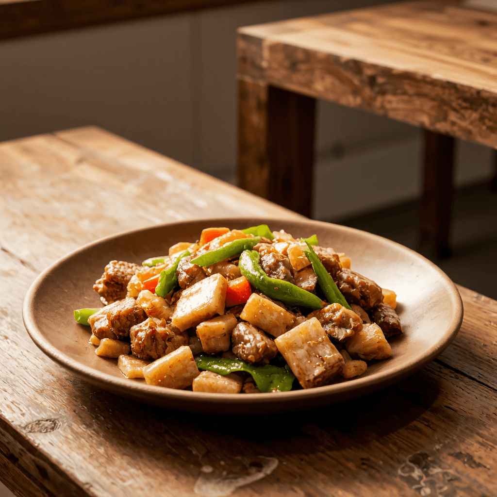 product photography of a plate of stir-fried meat and vegetables