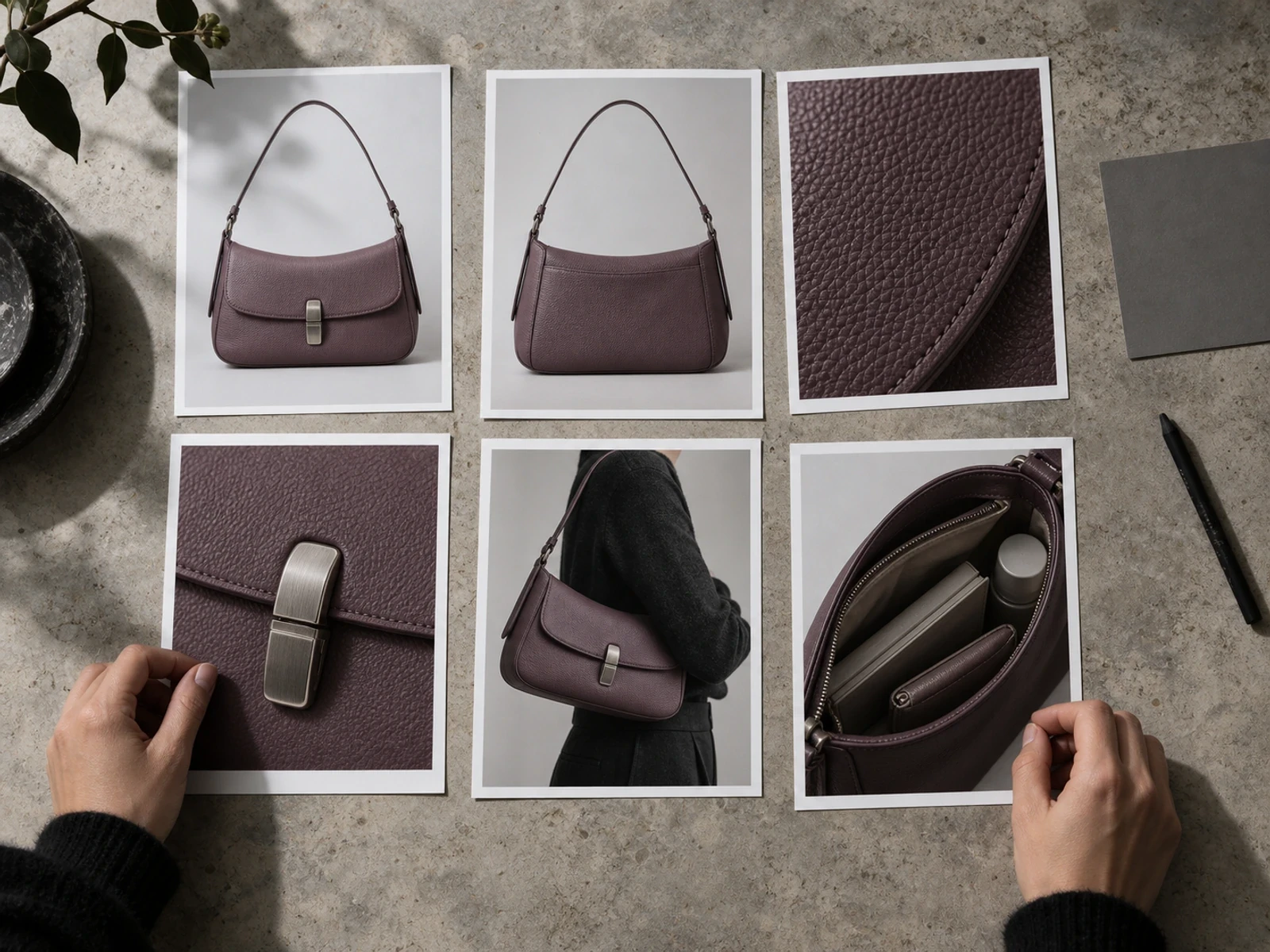 Six printed views of one plum shoulder bag arranged on a stone table for gallery review
