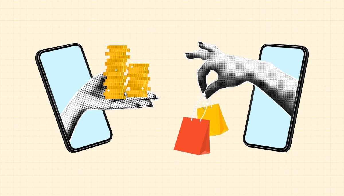 Conceptual illustration of hands exchanging coins and shopping bags through smartphones, symbolizing enterprise mobile app development and digital transactions.