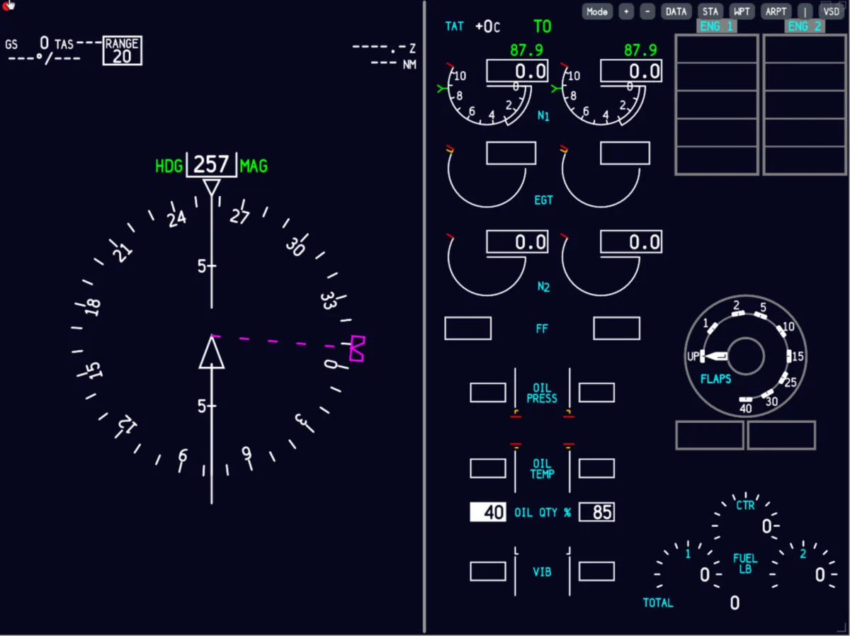 AFL 737 MAX navigation display beside engine indications showing N1 readouts and the flaps dial