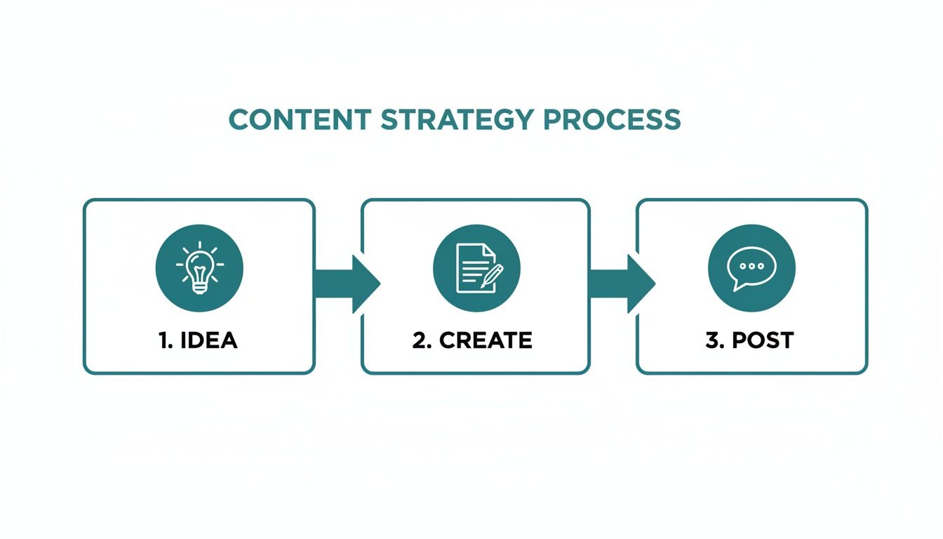 A content strategy process diagram illustrating three key steps: Idea, Create, and Post, with relevant icons and arrows.