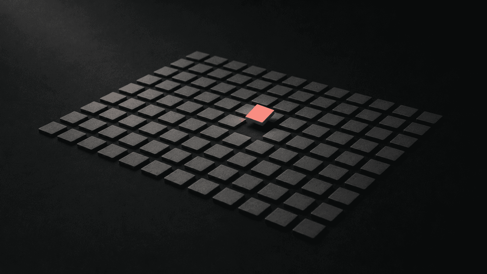 A grid of identical gray tiles on a dark background with one tile lifted and lit in coral red, illustrating design taste as the act of choosing the one right option AI can't pick for you.