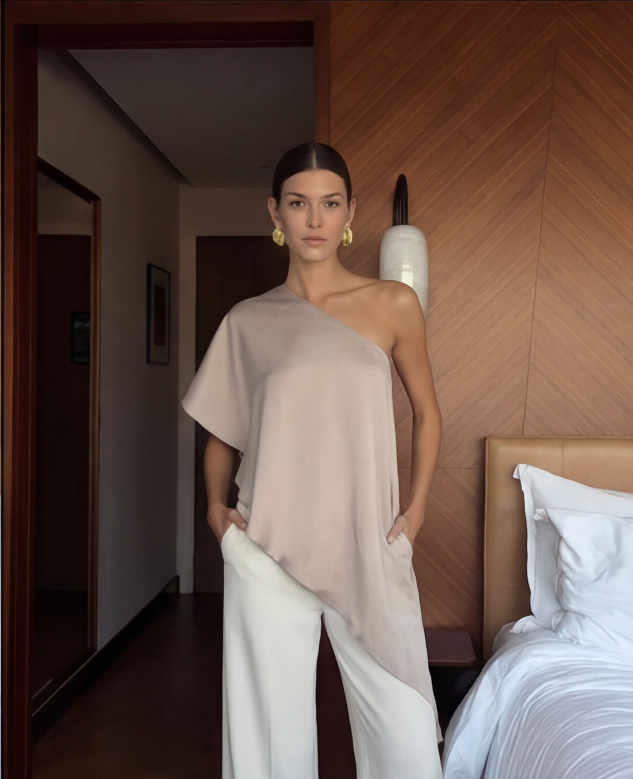 Cream Ruffled Sleeveless Top with Cream Wide Trousers