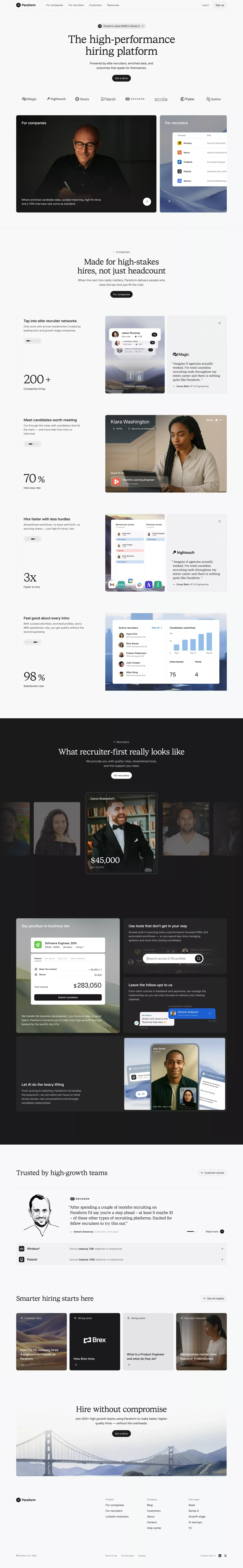 Paraform landing page screenshot showcasing HR and Tech design