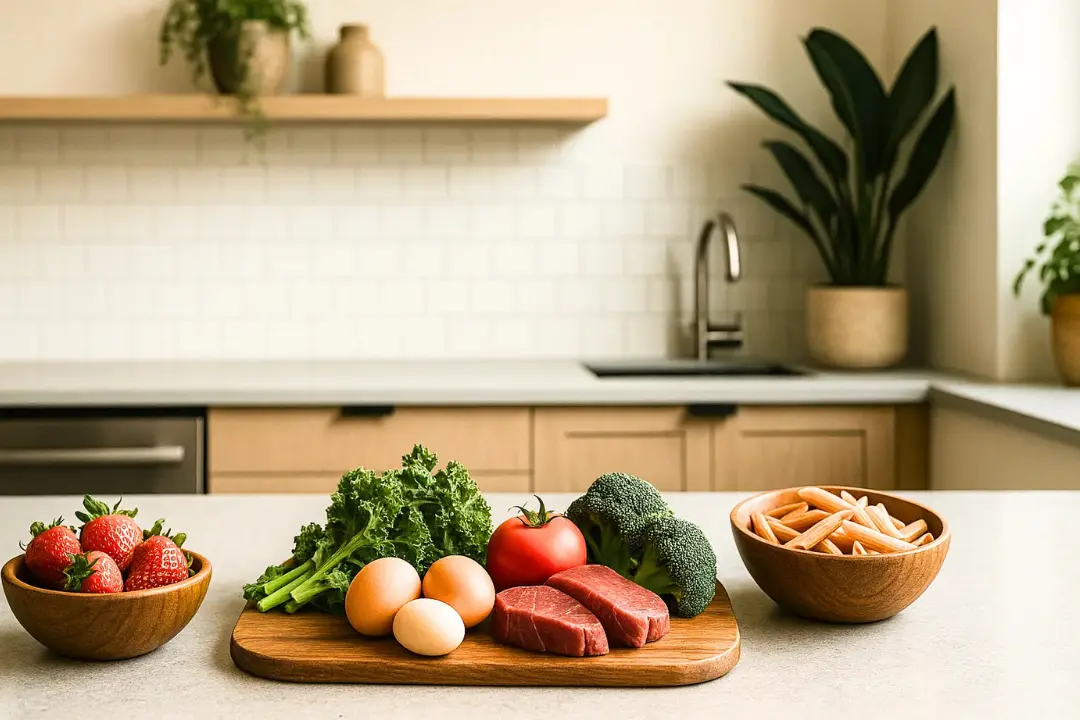 Gesundes Essen auf einer Küchenplatte