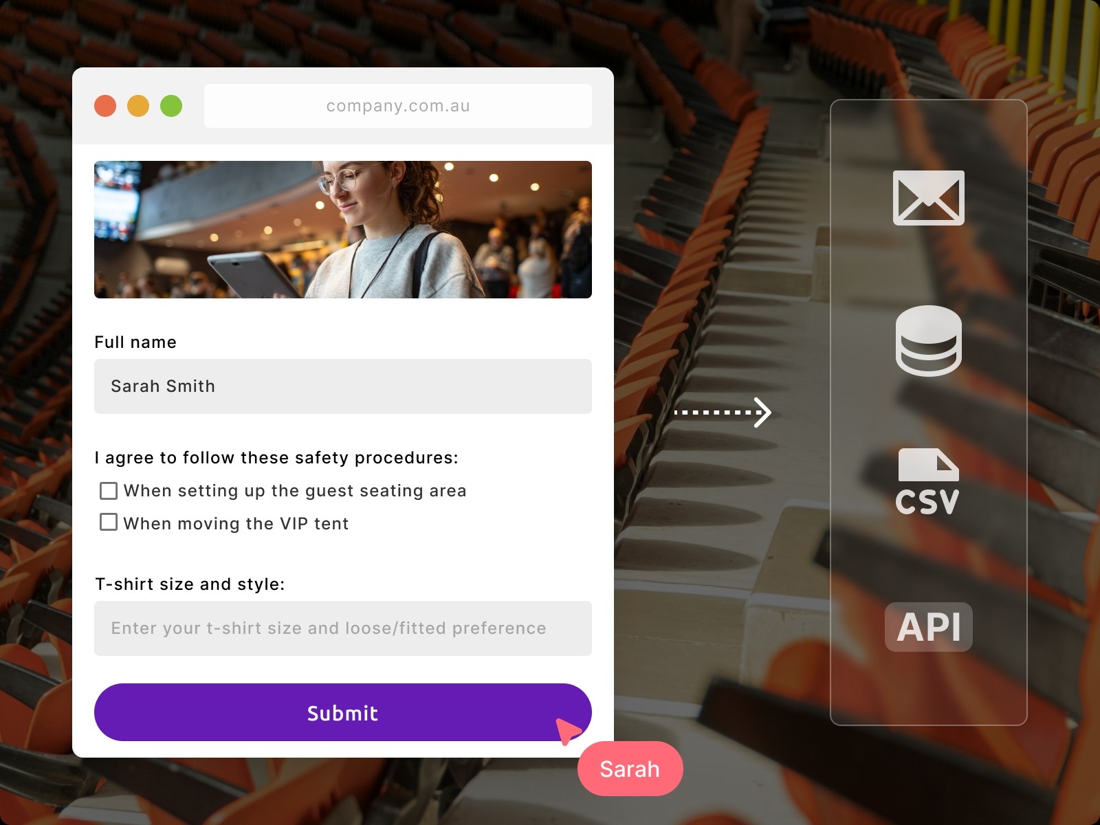 Customisable training form with fields and submit; data syncs to email, CSV, database or API for compliance.