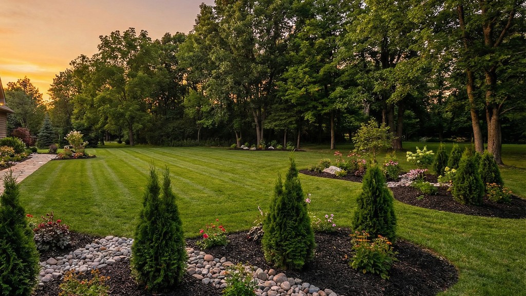 Trawnik blisko domu. Tujki i inne nasadzenia.