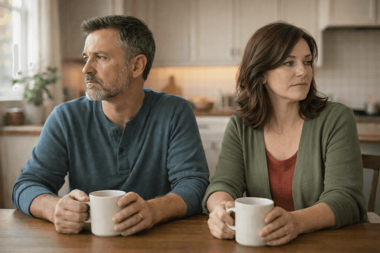 Couple sitting apart at a kitchen table, avoiding eye contact