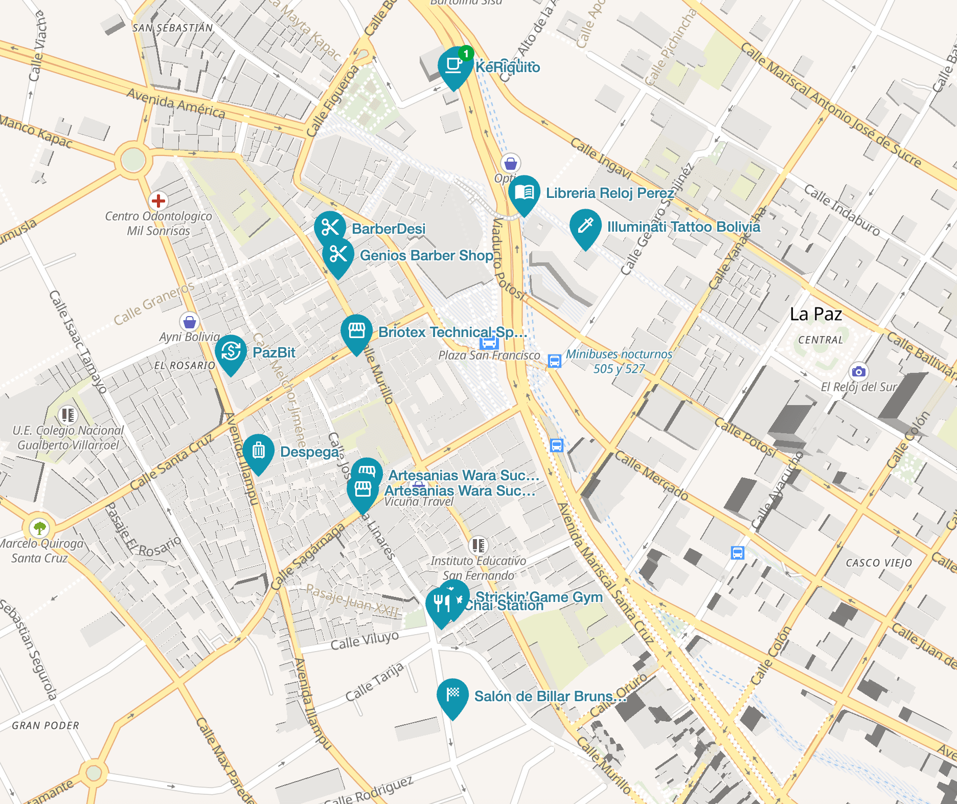 BTC Map screenshot showing Bitcoin-accepting merchants in downtown La Paz Bolivia