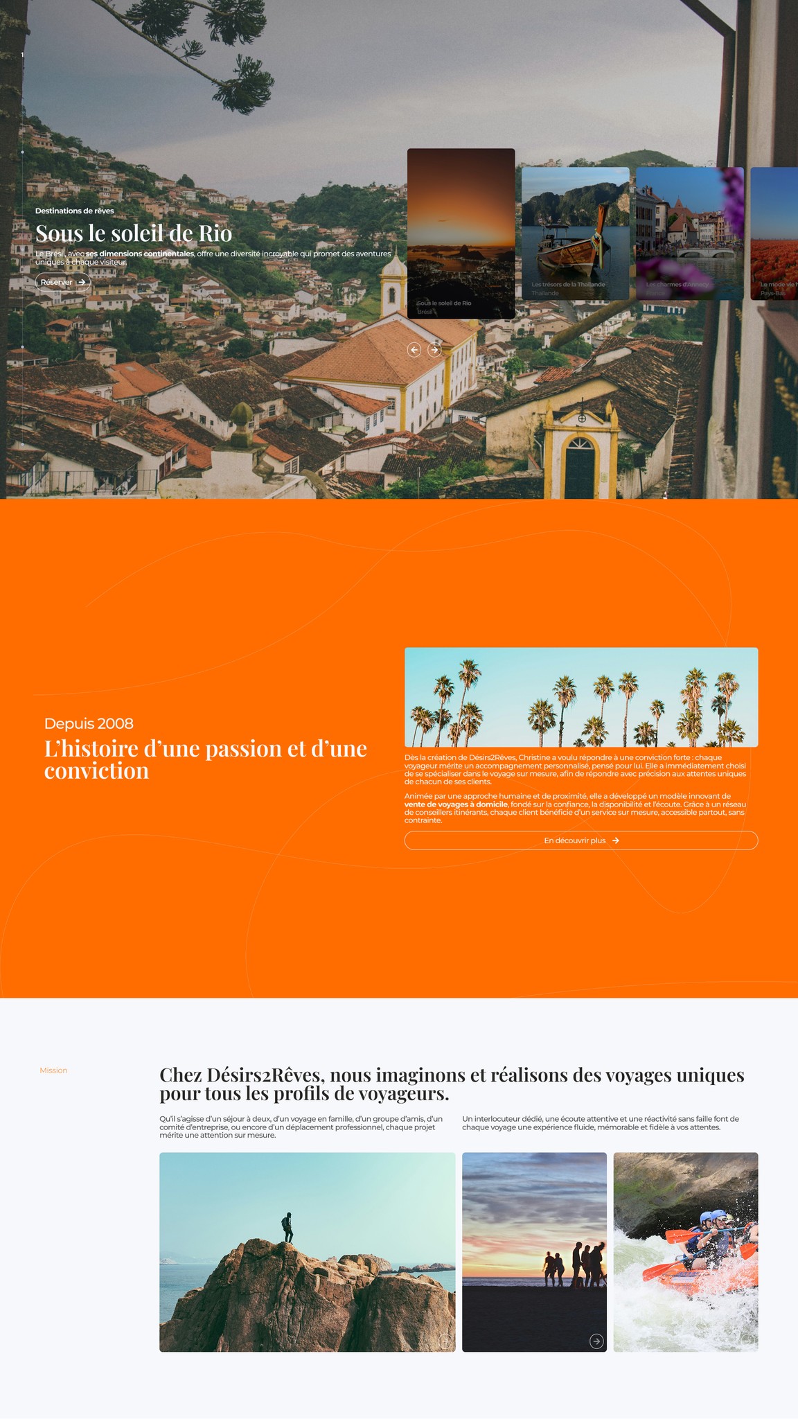 Capture d'écran de la page d'accueil Désirs2Rêves : architecture web claire pour une agence de voyage haut de gamme.