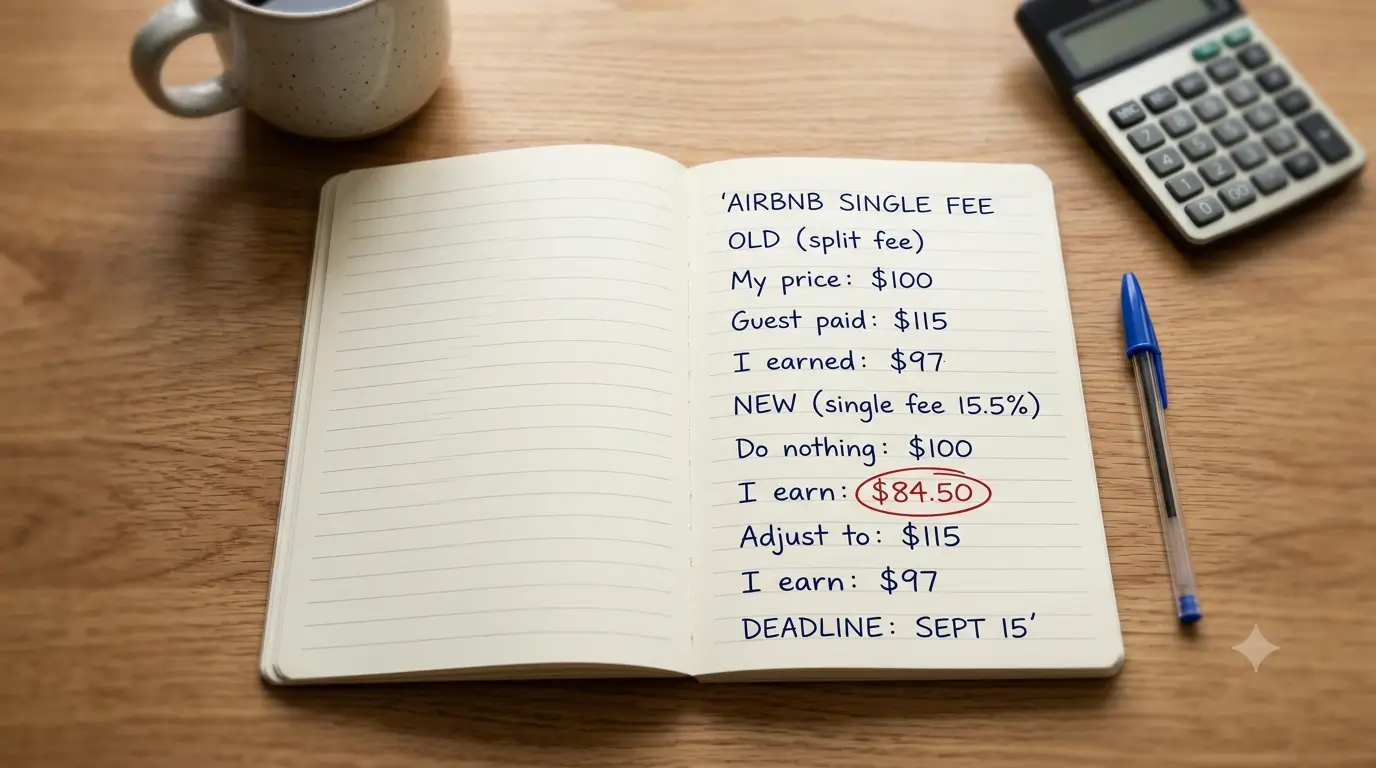 A host works out new nightly pricing by hand before adjusting listings for Airbnb's single service fee.