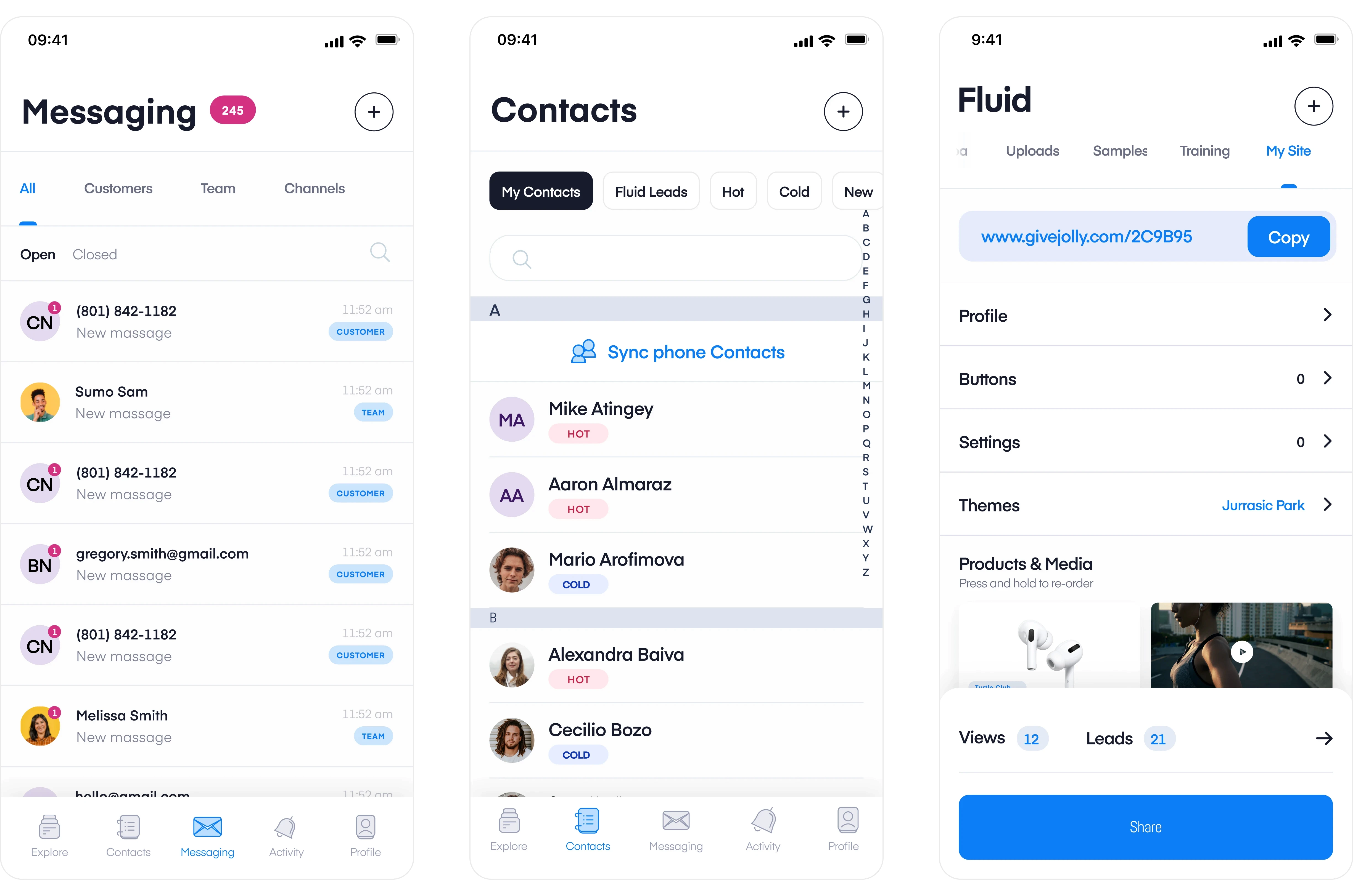 Fluid CRM app screens showcasing messaging conversations, organized contacts with sync options, and the MySite settings page featuring profile controls, themes, and product/media sharing tools — highlighting Fluid’s communication and personal branding features for direct sales professionals.
