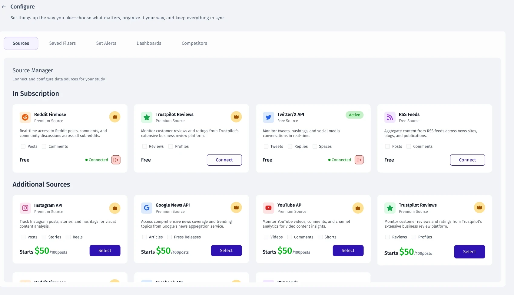 Configure, Sources tab: the Source Manager with sources in the subscription and additional sources, with connection states and prices.