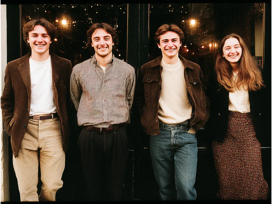 Four young adults stand closely together, smiling in front of a dark reflective window with string lights, wearing casual autumn outfits including jackets, sweaters, and skirts.