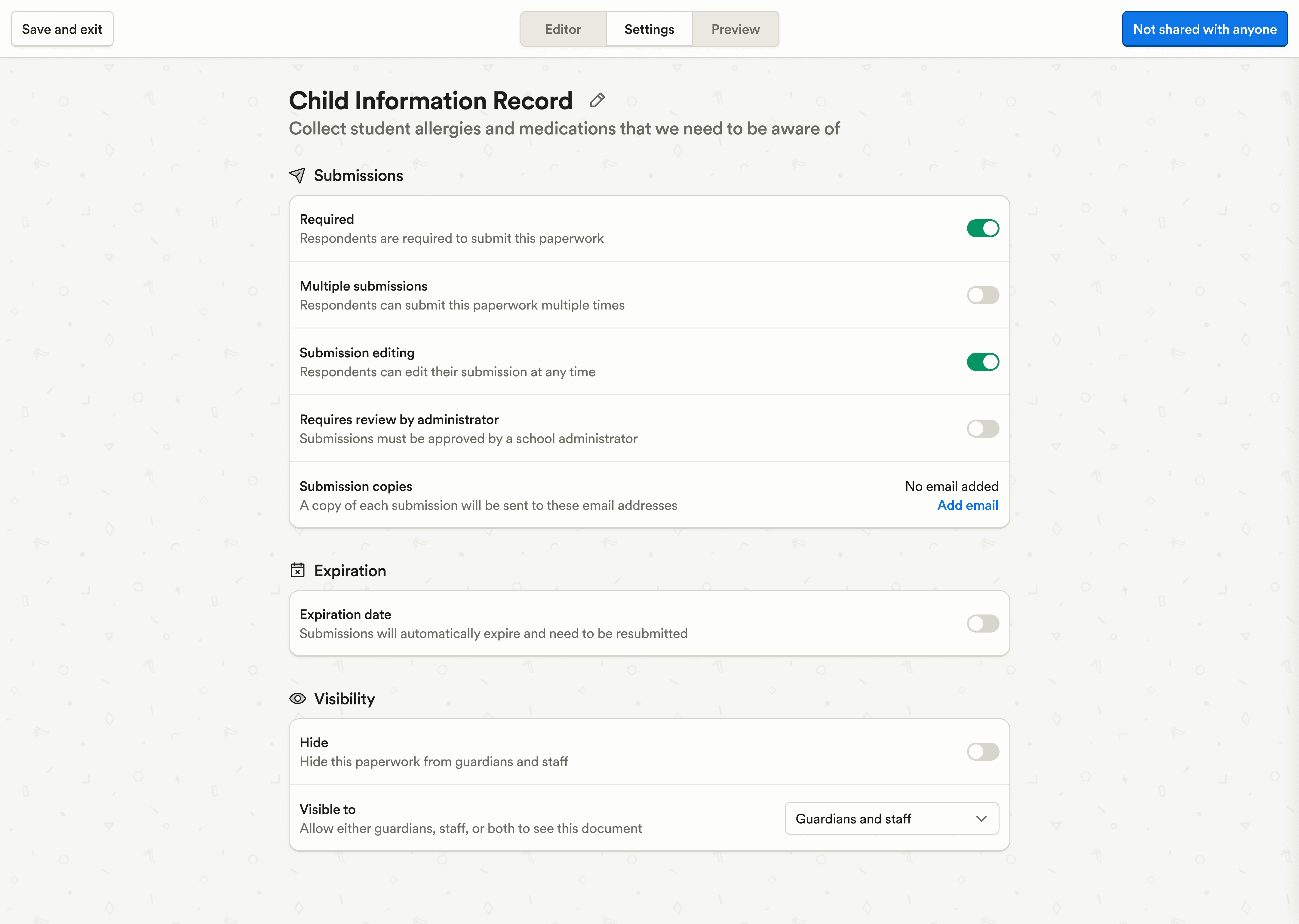 Visibility paperwork settings