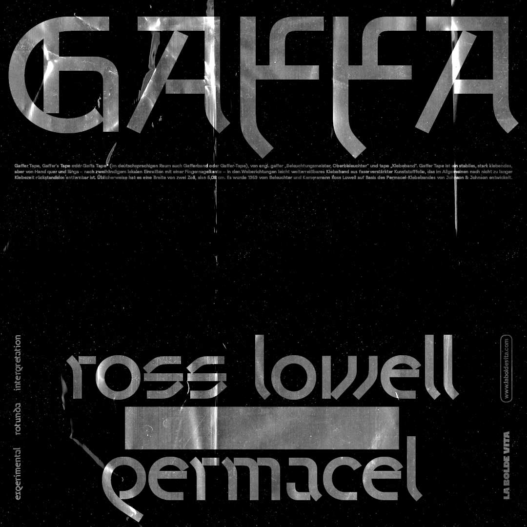 a brutalist composition of various sample words set in Grotunda with a plastic wrap texture on dark background