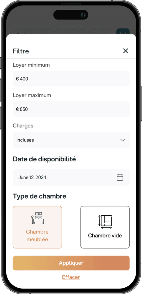 Capture d'écran de l'application Coloco sur iPhone, affichant un menu de filtres pour la recherche de colocation. Les champs incluent le loyer minimum (€400), le loyer maximum (€850), les charges (incluses), la date de disponibilité (12 juin 2024), et le type de chambre avec deux options : 'Chambre meublée' ou 'Chambre vide'. Un bouton 'Appliquer' et un lien 'Effacer' sont situés en bas de l'écran.