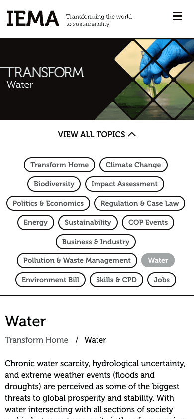 IEMA Transform topics menu on phone screen