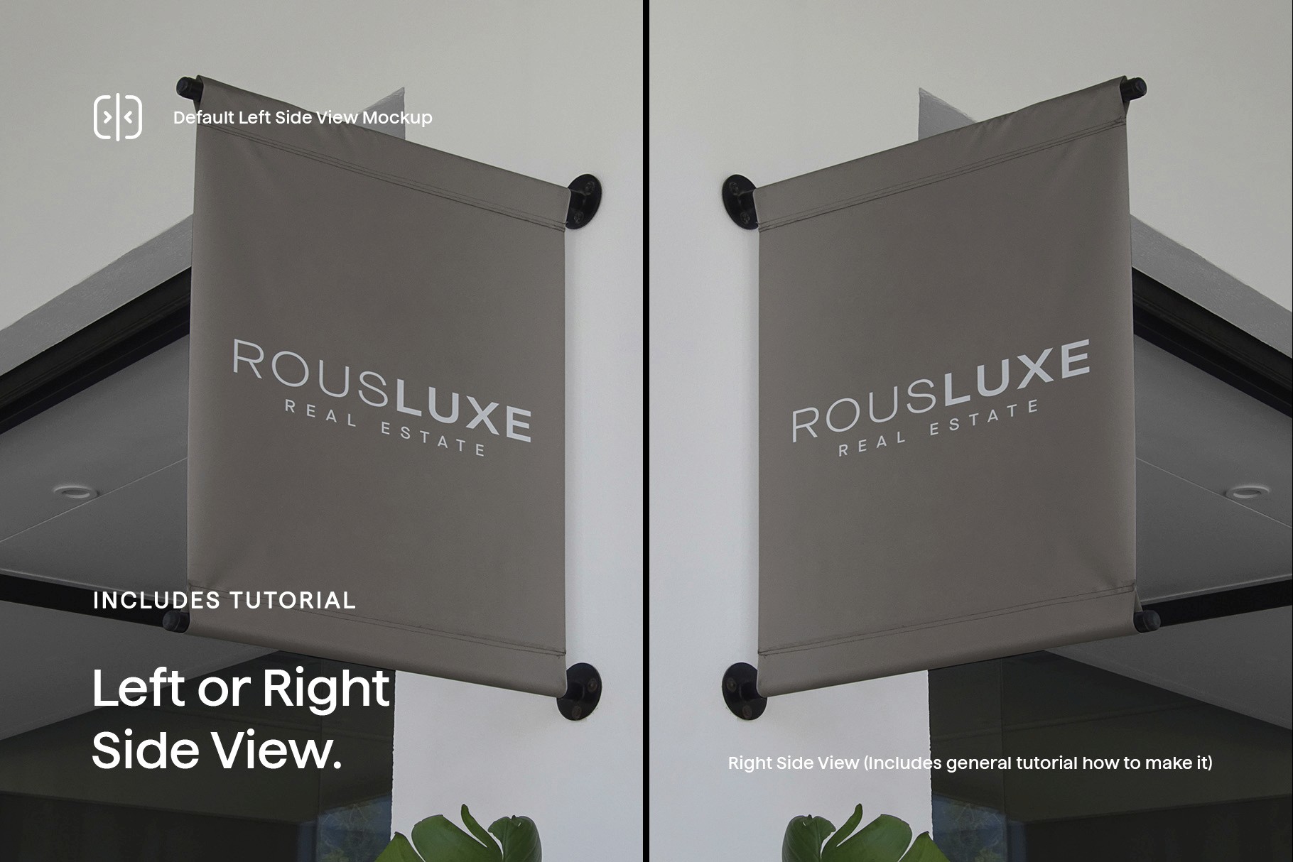 A customizable hanging banner mockup with the "ROUSLUXE Real Estate" logo, featuring options for left or right perspective views.